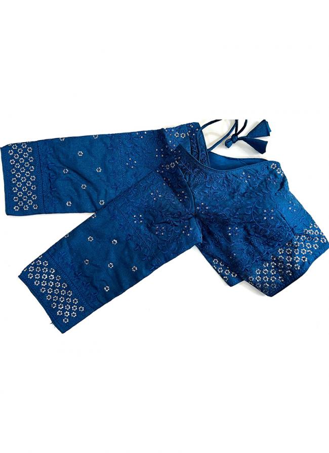 Milan Silk Blue Traditional Wear Embroidery Work Blouse